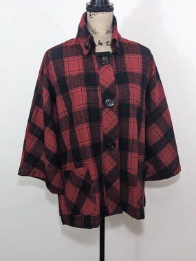 Coldwater Creek Jacket Women's Red Black Buffalo Plaid Oversized Stand Collar M